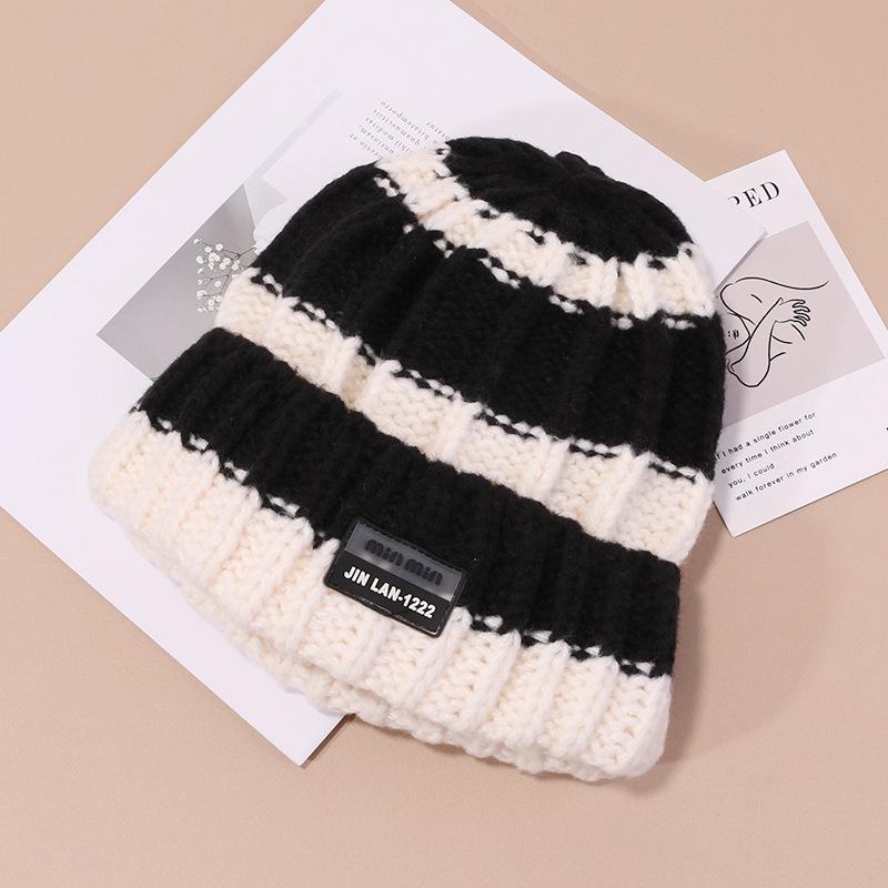 Autumn and Winter Striped Color-blocking Hat for Women Versatile Wool Hat Ear Protection Warm Pullover Hat Outdoor Riding Cold Proof Knitted Hat