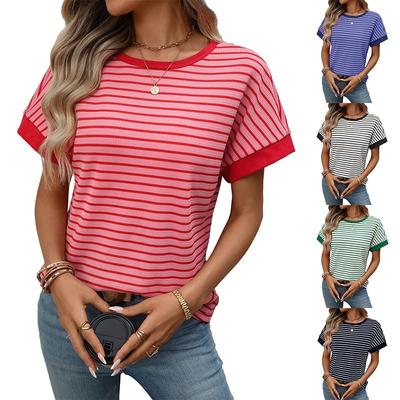 T-shirt a maniche corte da donna a nido d'ape a righe con bordi a contrasto, casual, girocollo