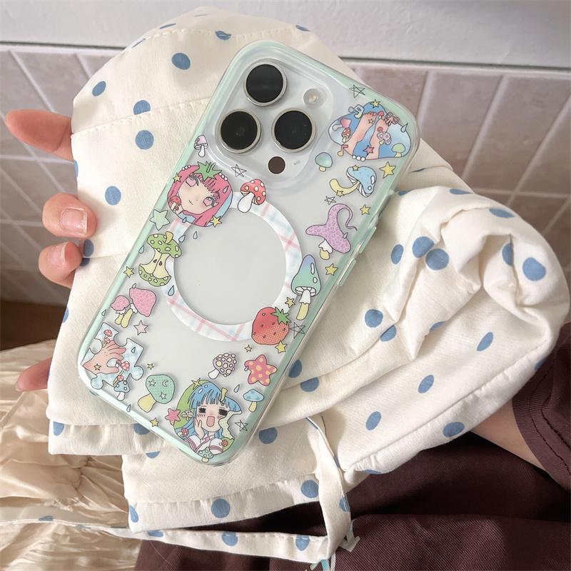 Japan Kawaii Cartoon Girl Magnetic Stand Holder Phone Case For iPhone 16 Pro 15 14 13 Pro Max Shockproof Cute Cases for Magsafe