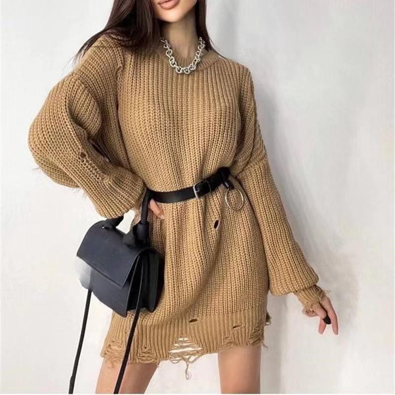 

Осень и зима Новый однотонный свитер с круглым вырезом и длинными рукавами с рваной дыркой на подоле и свободный вязаный свитер XL дубильная кора