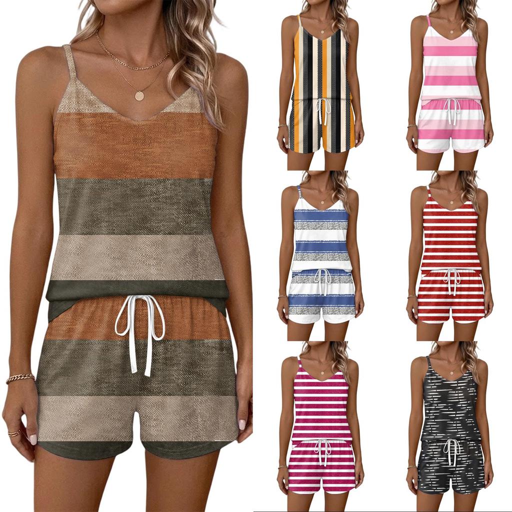 Women Summer Casual Two Piece Set Striped Print Sleeveless Square Neck Tank Top and Shorts with Pockets Lightweight Lounge Outfit