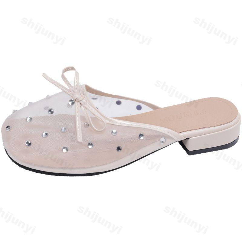 Fashion Thick Heeled Bow Rhinestone Design Mesh Breathable Half Slippers Women's Outdoor 2025 Summer Korean Version Lightweight Sandals