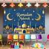 Crescent Moon Banner Blue Background Ramadan Mubarak Banner Ramadan Party Polyester Material Islamic Decoration For Holiday