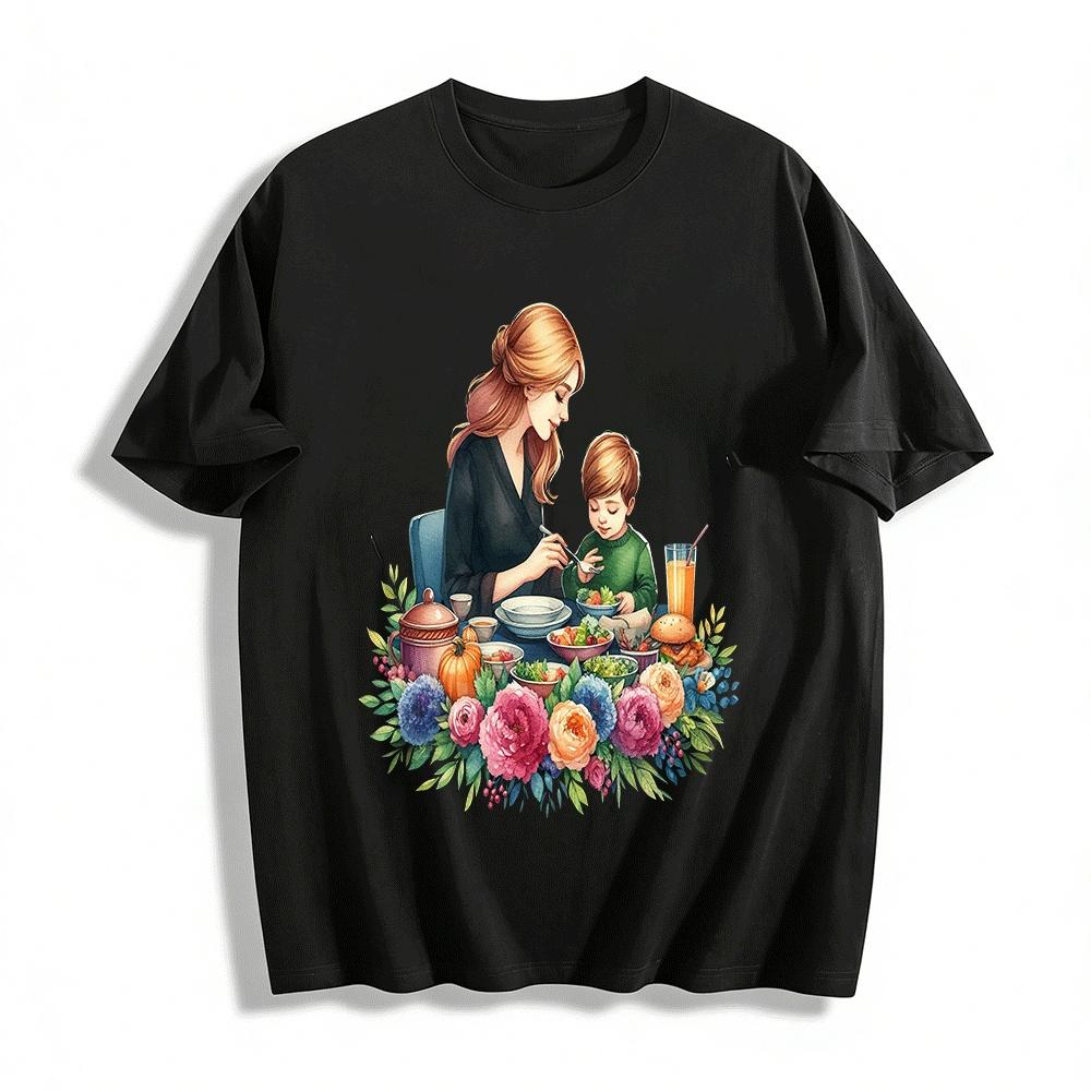 Autumn Warm Parent-Child Dining Print Top Mom And Baby Graphic Tee Pure cotton T-shirt XXS