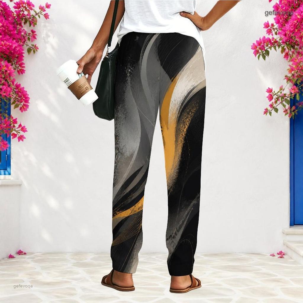 Women S Plus Size Loose Fit Printed Long Pants Black Pink Gradient With Pockets
