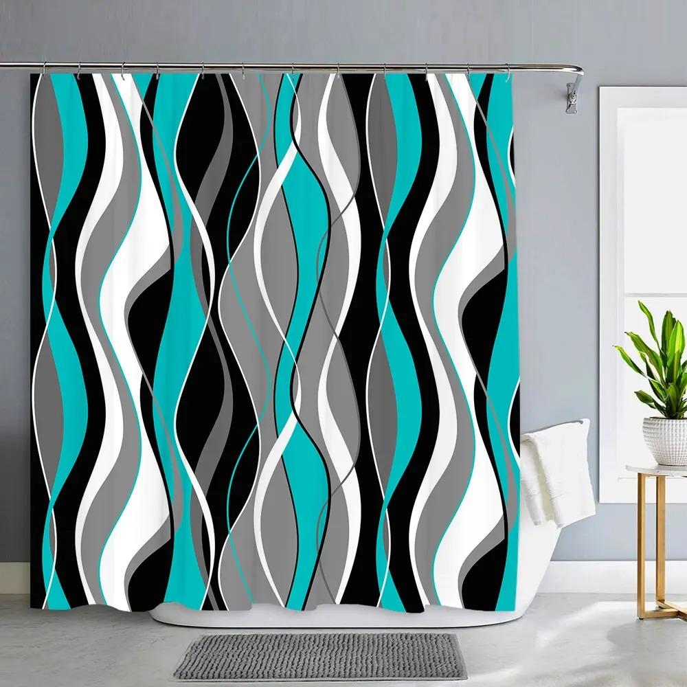 Black and Grey Shower Curtain, Gray White Abstract Modern Bathroom Decor Waffle Weave Textured Fabric Shower Curtains With Hooks