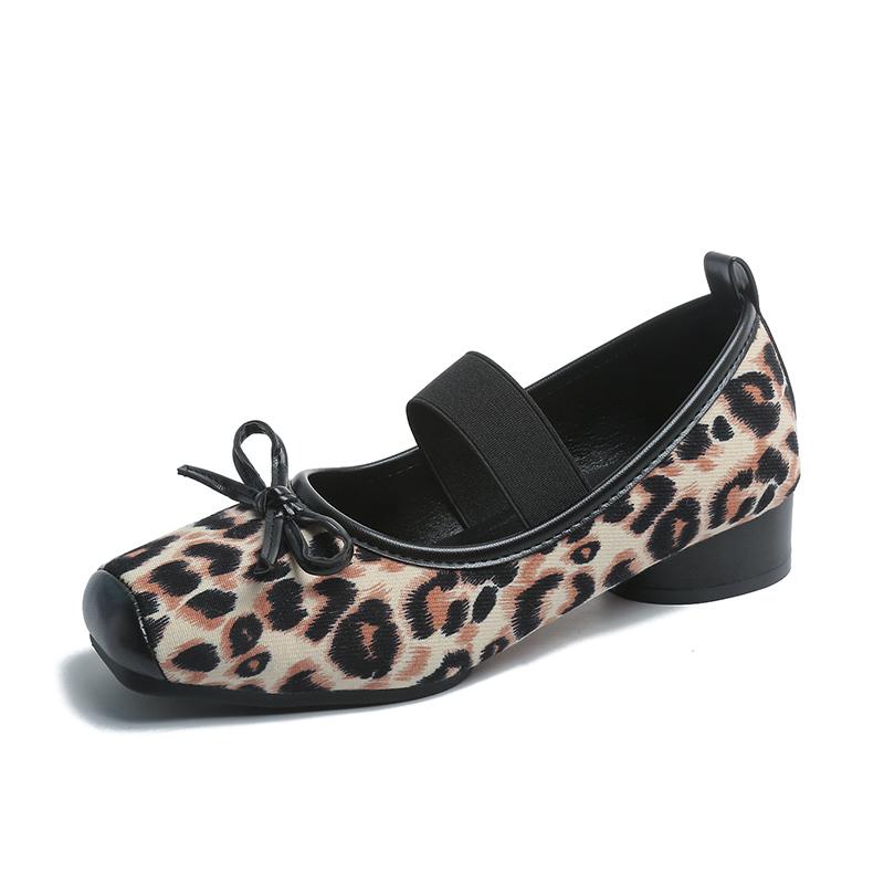 Leopard Square Toe Marie Janes Shoes Bow Women Sandals Ballet 2025 Trend Summer Casual Soft Sole Shoes Shallow Loafers Zapatos