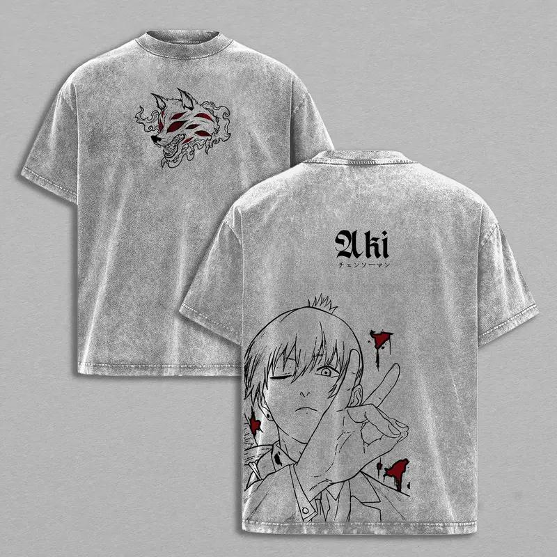 

Anime Chainsaw Man Hayakawa Aki Printed Tee Men Short Sleeve Cotton Tshirts Vintage Washed T-shirt Harajuku Oversized T Shirt XXL серый