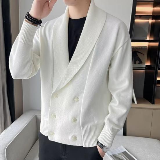 Men Sweater Coat Turn-down Collar Solid Color Long Sleeves Cardigan Buttons Warm Elastic Double-breasted Men Spring Coat for Work
