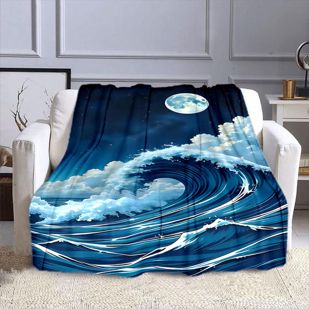 Moonlit Ocean Wave Scene Patterned flannel blanket perfect for the bedroom living room, sofa, or a little nap