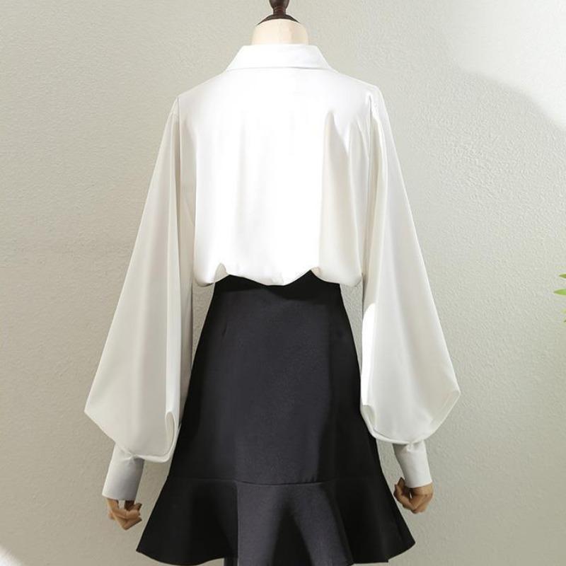 Blouses Women White Black Long Lantern Sleeve Office Lady Autumn Winter Basic Design Chic