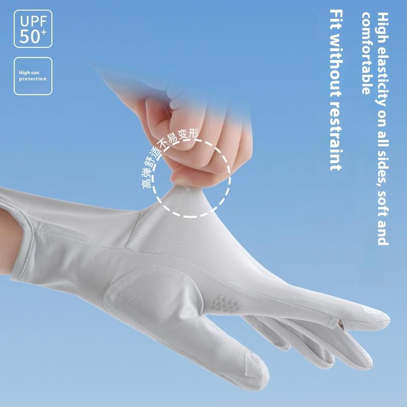 Summer Sunscreen Gloves Women Thin Ice Silk Anti-Ultraviolet Dew Finger Touch Screen Driving Riding Non-Slip Breathable Upf 50+