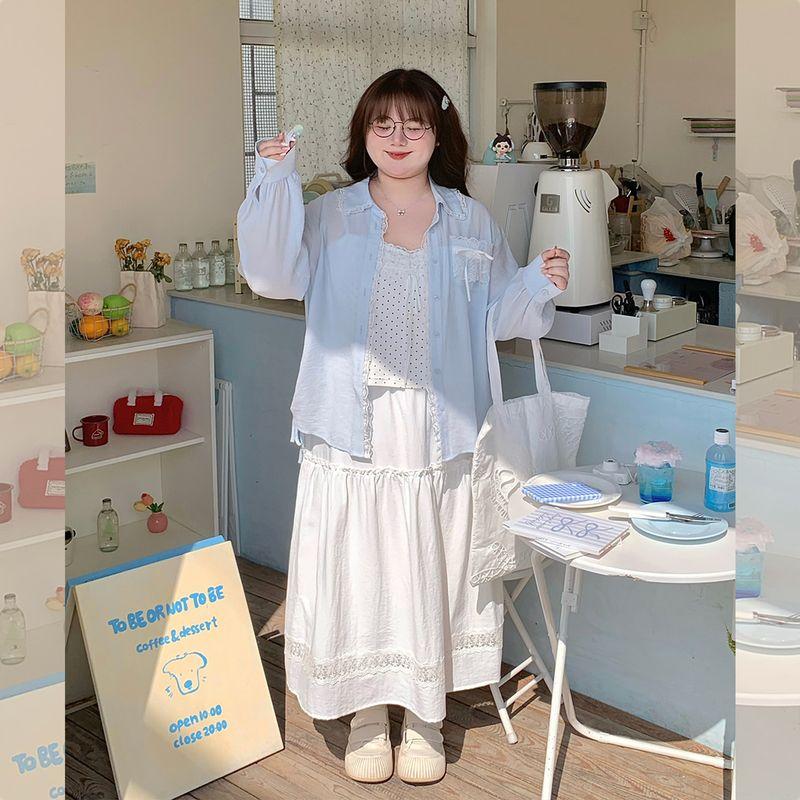 Plus-Size Women's Clothing: Stylish Lace Bow Shirt and Halter Neck Printed Strap Cake Dress Set