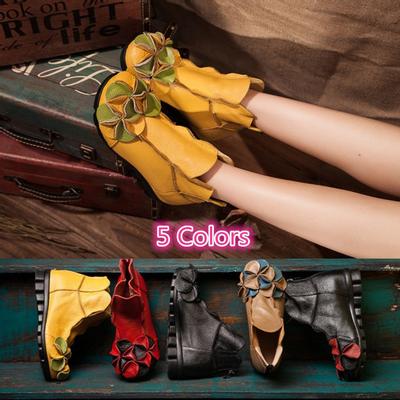 New Fashion Women Genuine Leather Shoes Height Increasing Shoes Flats Ankle Boots National Style Soft Short Boots Plus Size 35-42