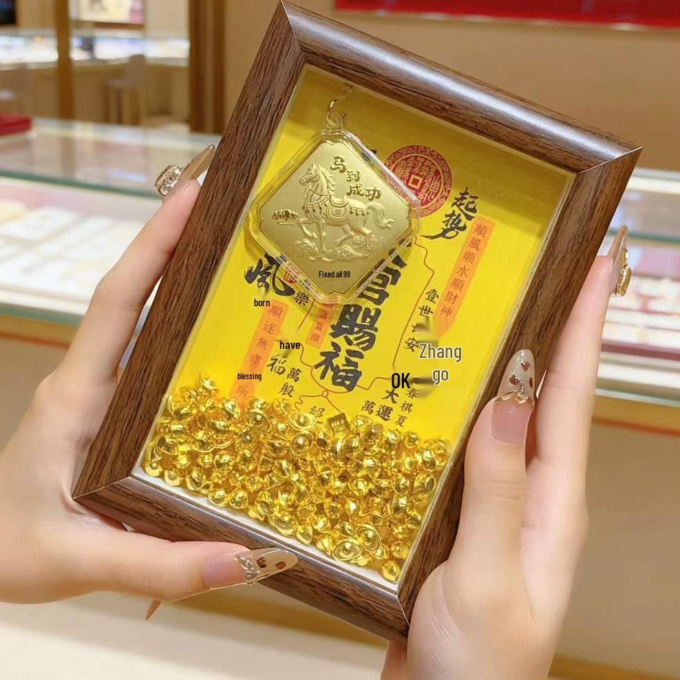 999 Pure Gold Wealth Treasure Photo Frame Ornament – Attract Wealth and Abundance Display Stand, New Year Gift