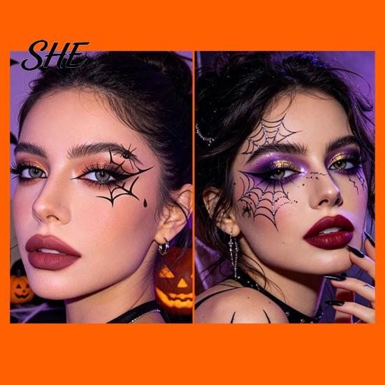 Realistic Tattoo Effects Halloween Makeup Eye Temporary Tattoos, Waterproof Spider Web Bat Eyeliner Spooky Party Supplies Shadow Sticker for