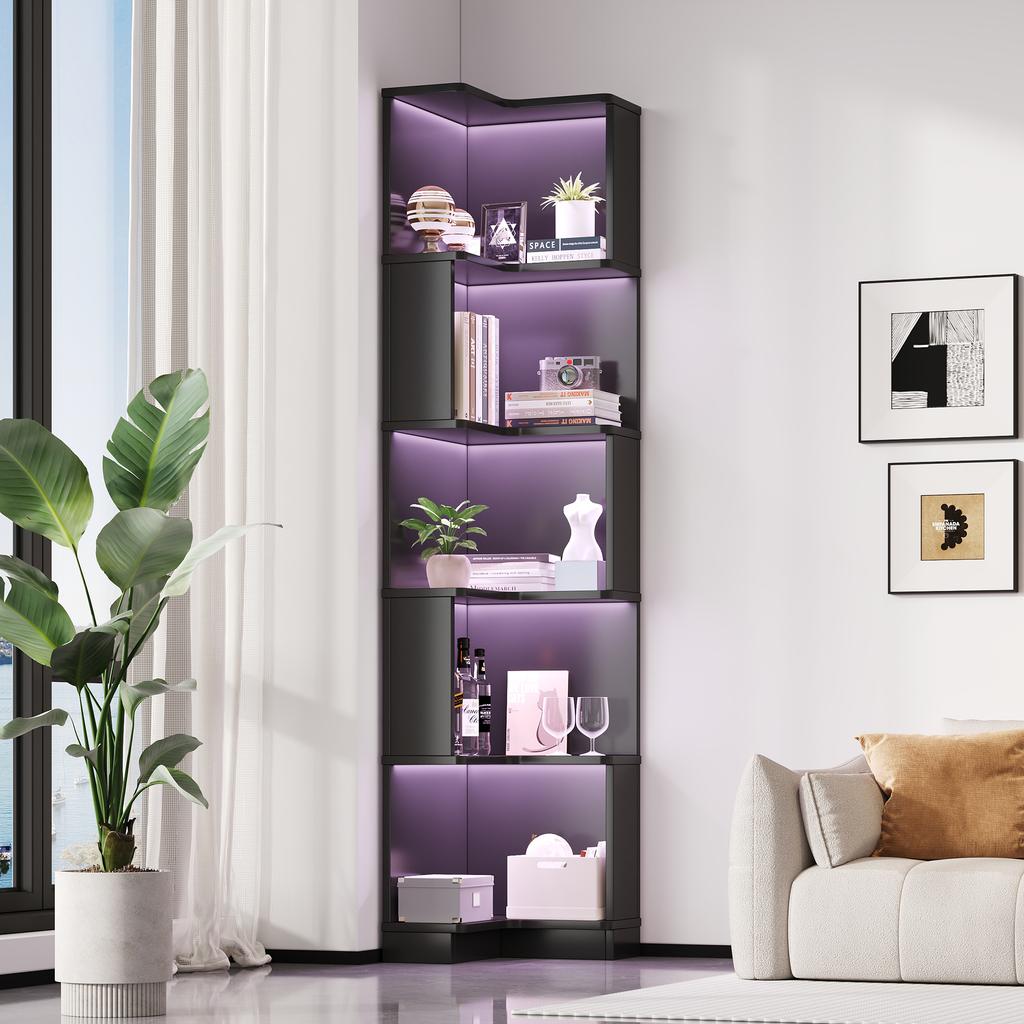63.5 x 45 x 175cm Corner Bookshelf, Multifunctional, L-Shaped, LED Color-Changing Light Strip, App Control, Five-Tier Storage, Black