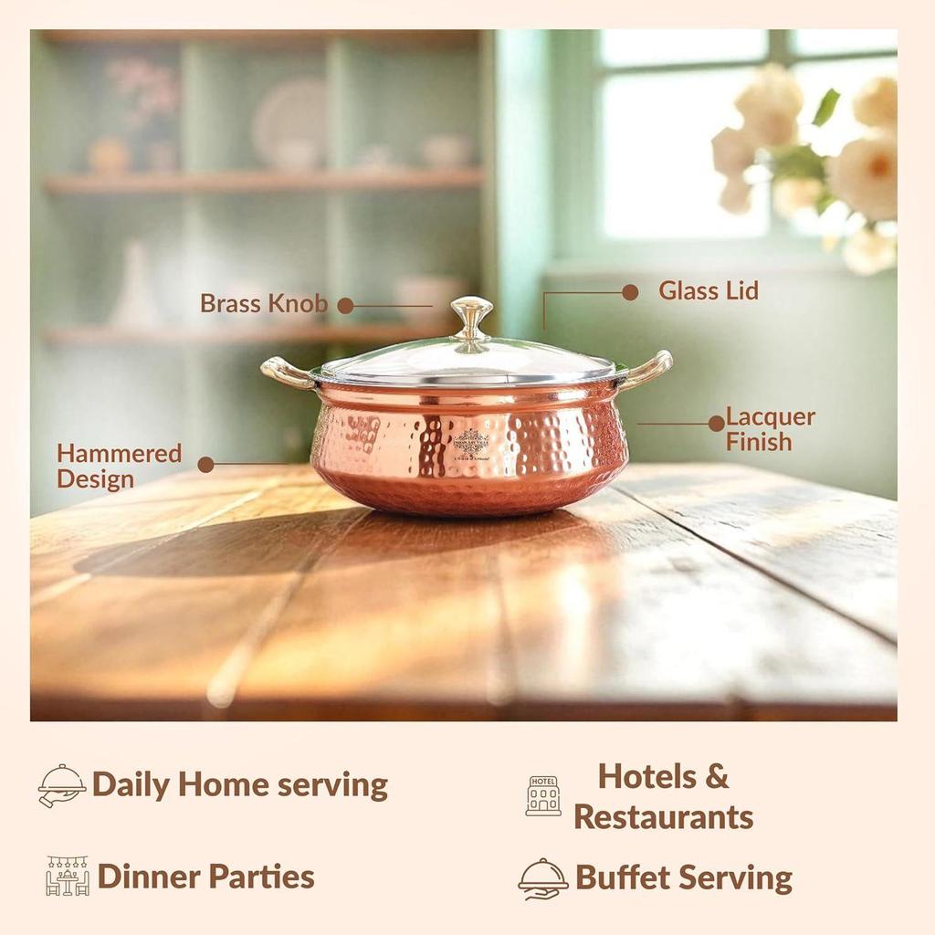 Hammered Steel Copper Casserole Donga Bowl with Glass Lid, Tableware and Serveware (2200 ml)