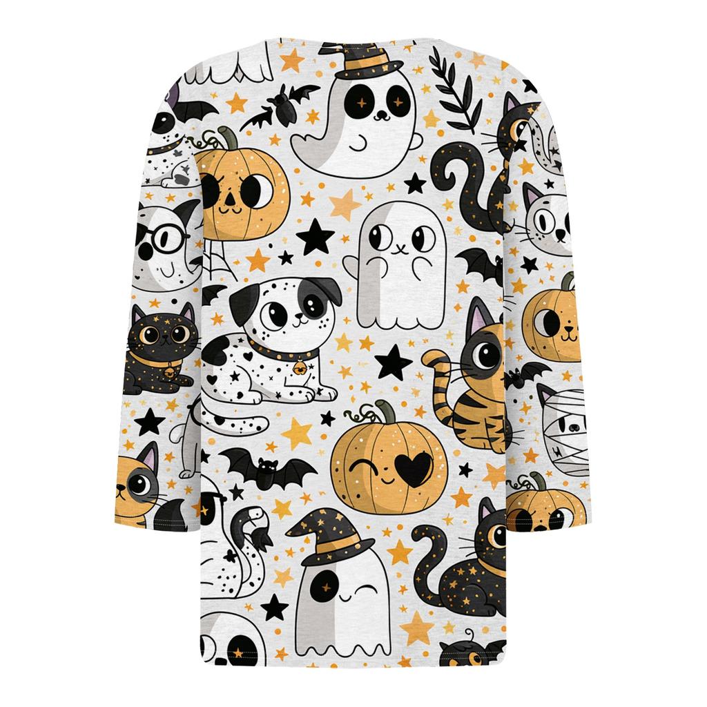 Lady's fashionable casual V-neck buttoned Halloween print three-quarter sleeve