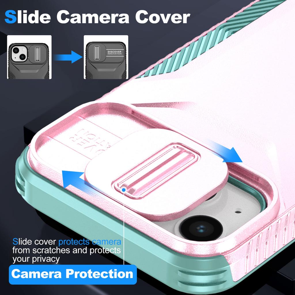 For iPhone 15 Case PC+TPU Anti-Slip Phone Cover with Slide Camera Lid