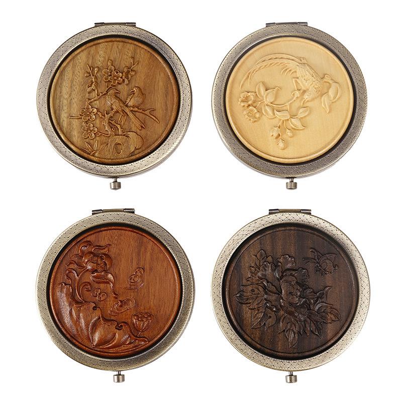 Portable Green Sandalwood Folding Vanity Mirror - Exquisite Round Design, 5 Styles Available