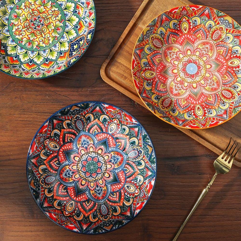 Colorful Dinner Plate Flower Pattern Meal Dish Household Bohemian Ceramic Plate  Housewarming Gift