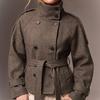 Womens Wool Blend Wrap Collar Double-Breasted Waist-Tied Tailored Coat Short Length Office Chic Winter