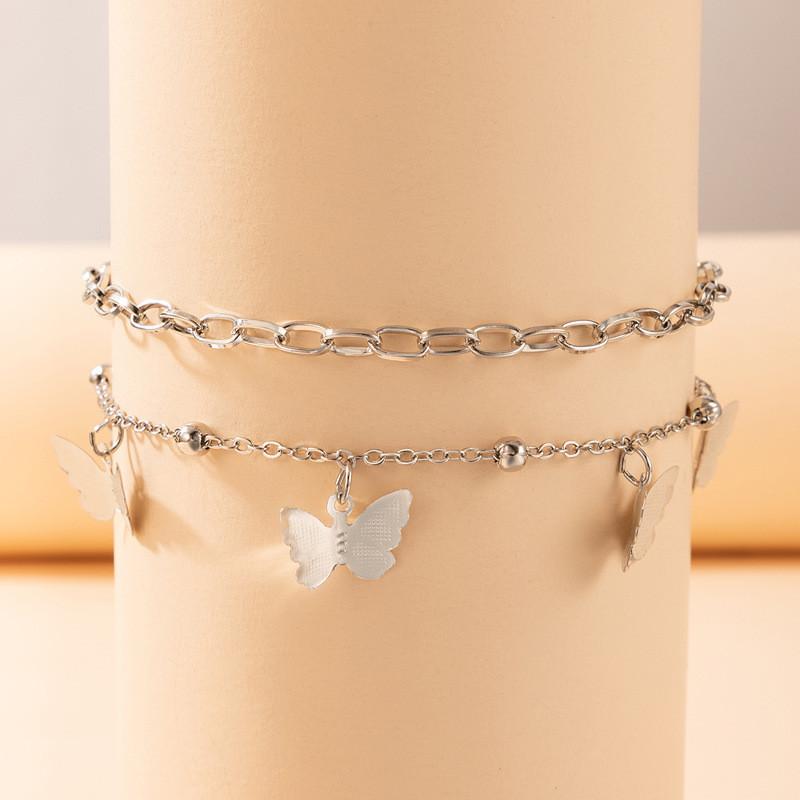 Personalized and Creative Cross Chain Copper Bead Foot Decoration for Women, Double-layer Metal Butterfly Pendant Anklet