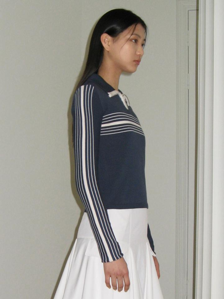 SINOON Line Half Zip-Up Knit Top (Navy)