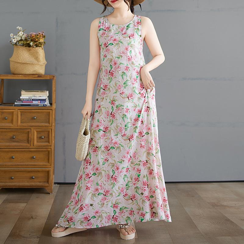 

DIMANAF 2025 Women Summer Dress Ladies Basic Long Linen Flower Dress 8236 2XL