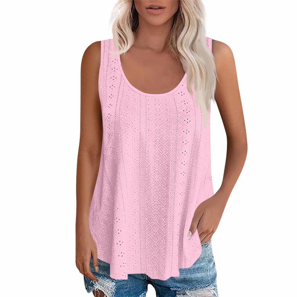 Sleeveless Eyelet Lace Tank Top for Women Casual Summer Scoop Neck Loose Fit Blouse Hollow Out Lightweight Shirt