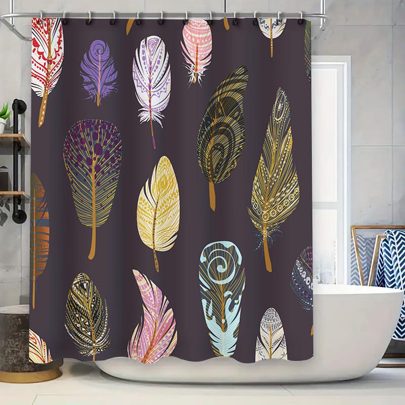 

Роскошная шторка для душа с принтом перьев, темно-коричневый фон с яркими перьями золотого, розового, фиолетового и других цветов, декор для ванной комнаты, размер: 90x180cm