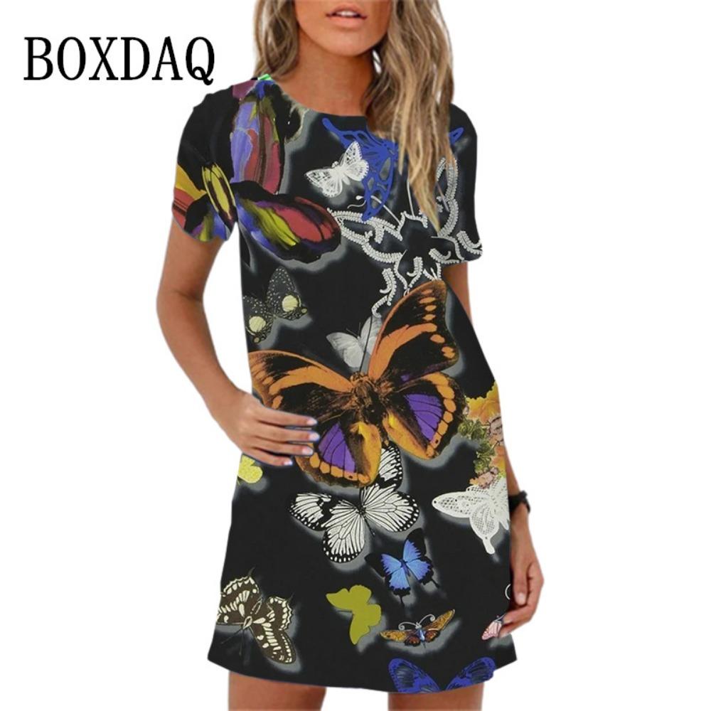 2025 Spring Summer New 3D Print Butterfly Flower Short Sleeve Mini Dress Women Casual A-line Dress Female Clothes