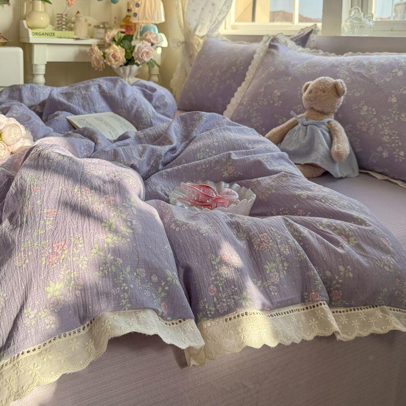 Ins Korean Style Blue Bow Double Layer Gauze Four-Piece Set Simple Lace Edge Duvet Cover Bed Sheet Dormitory 3-Piece Set