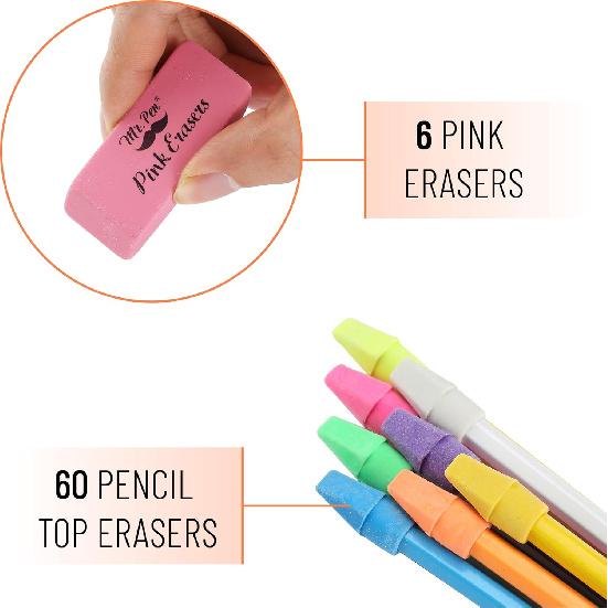 Mr. Pen- Pencil Erasers Set, 60 Pack Pencil Top Erasers, 6 Pencil Erasers, Latex-Free & No Smudge