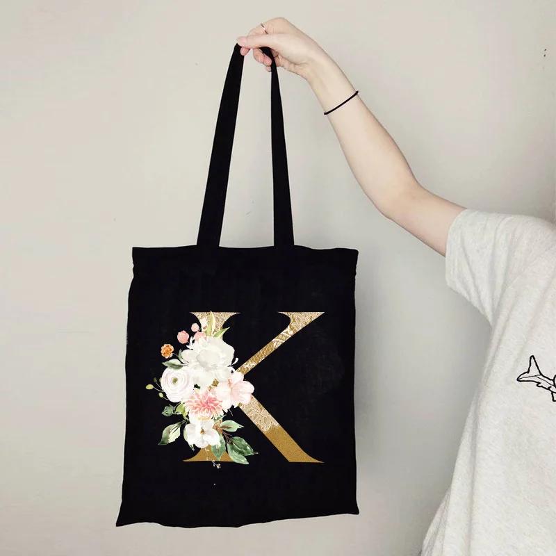 Gold Letter Flower Canvas Bag Women's Shopping Bag Reusable Large Capacity Portable Handbag Harajuku Student Shoulder Bag