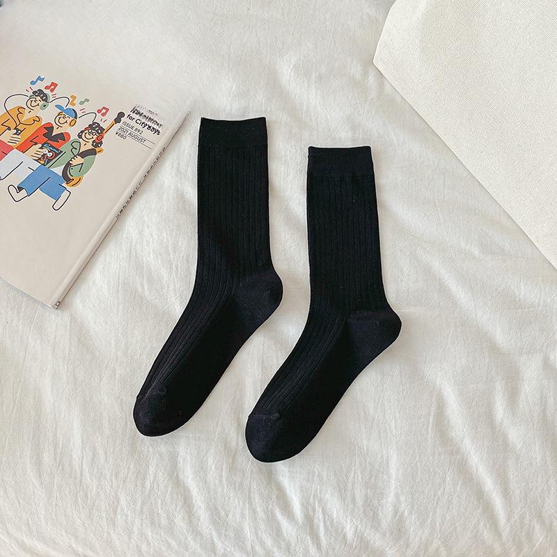 Female Summer Thin Simple Pure Color All Build Vertical Bar Wicking High Tube Cotton Socks
