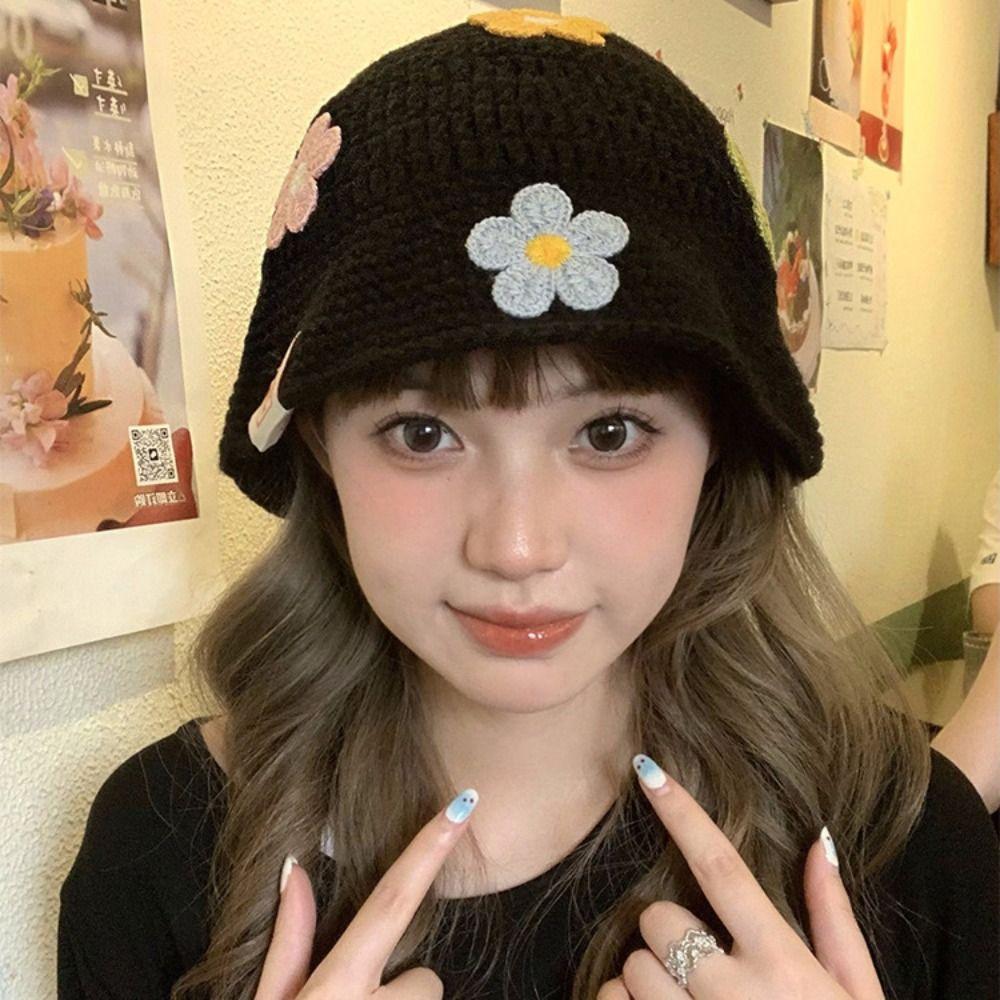 Korean Style Beanies Hat Handmade Bucket Hat Casual Flower Knitted Hat  Outdoor