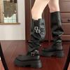 Winter Fashion Platform Woman Knee High Boots Fashion Belt Buckle Square Heels Modern Long Booties