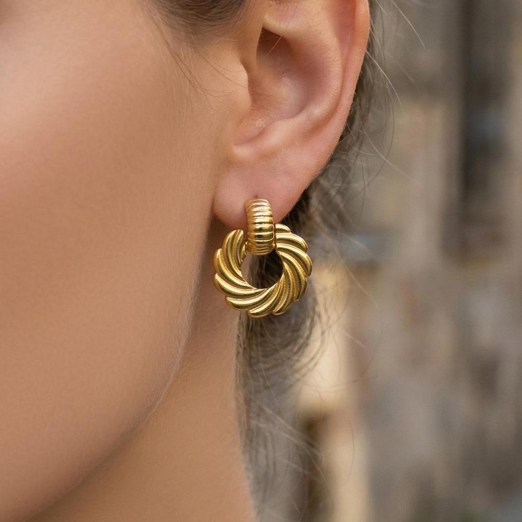 18K Gold Plated Twisted Circle Stud Earrings - European & American Fashion, Stainless Steel Whirlwind Design