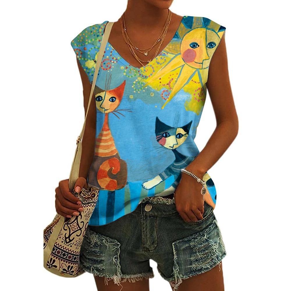 Women's Sleeveless T-shirts 3d Abstract Cat Print Vest Loose V-Neck T-shirts & Blouse Summer Breathable Basic Tops Tees