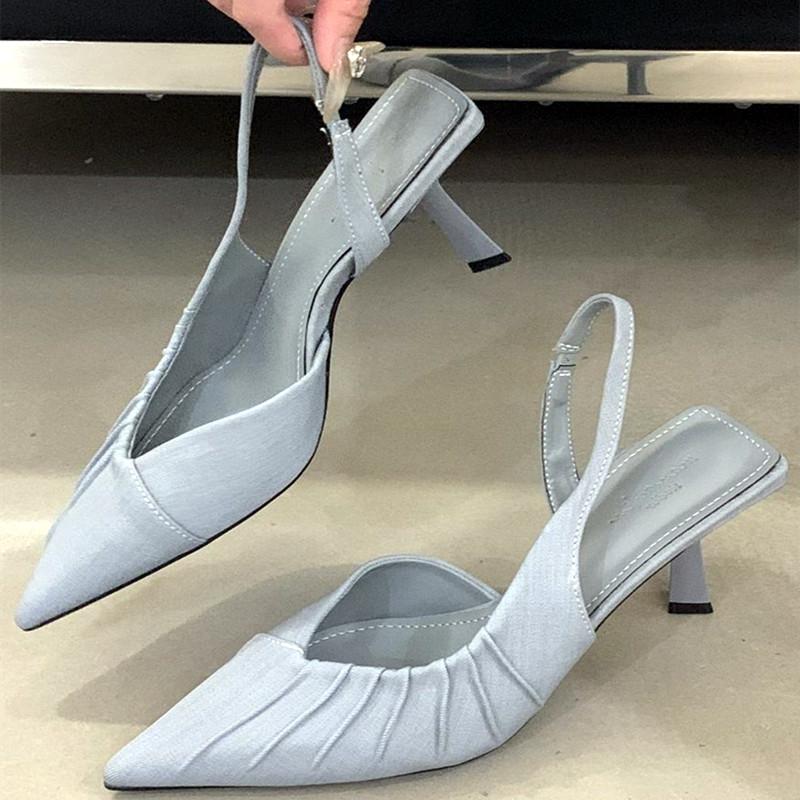 Fashion Flannel Pleated Pointed Toe High Heels Women Simple Buckle Strap Thin Heeled Sandals Summer Elegant Outdoor Casual Office Shoes