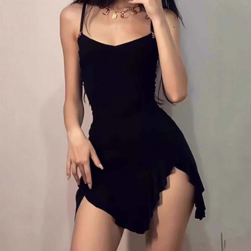 

Европейский и американский модный темперамент сексуальная острая девушка женская одежда однотонное простое платье-комбинация с разрезом и неровным подолом XL чёрный