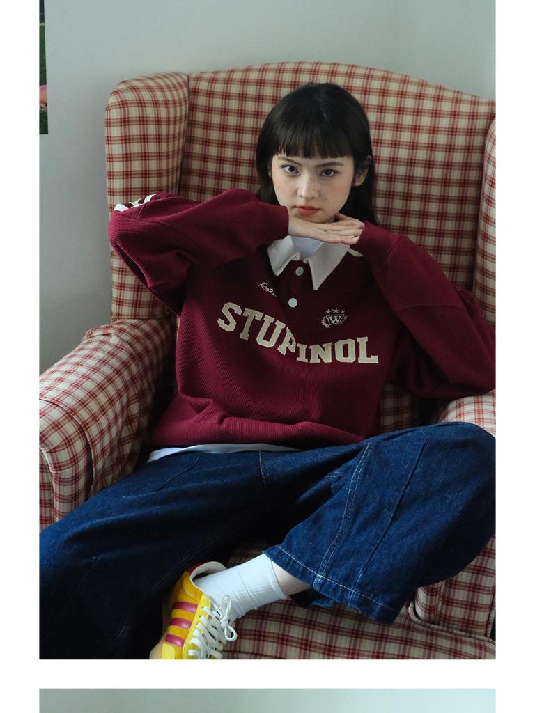 Women's Striped Polo Collar Sweatshirt - Korean Style with American Letter Embroidery