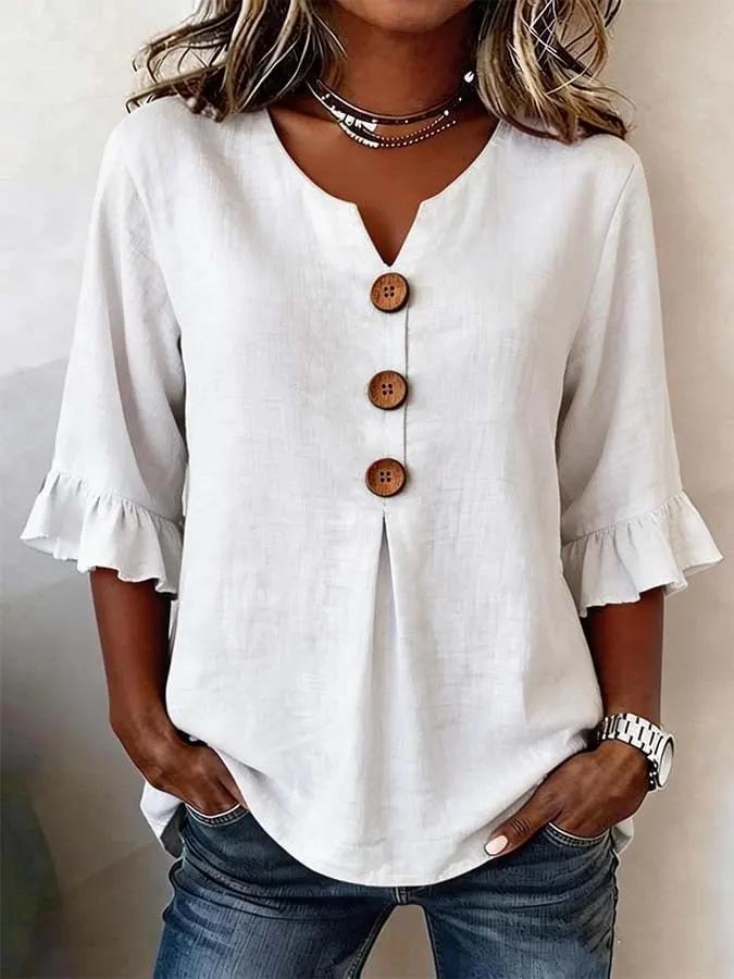 2026 Summer European & American Women's V-neck Cotton Linen Fashion Shirt