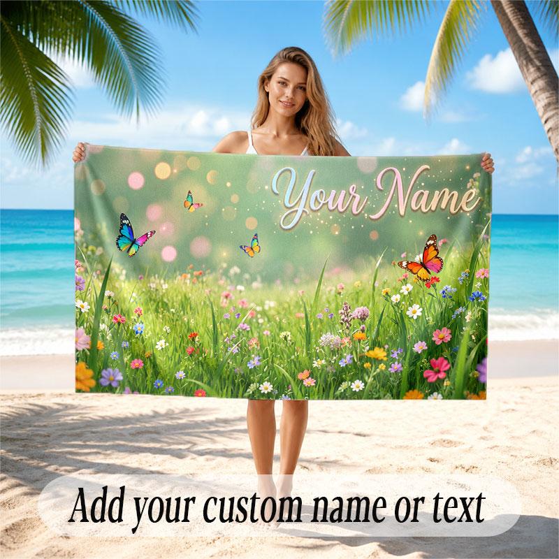 Butterfly Theme Soft Beach Towel Personalized Custom Name Text Towel Portable for Beach Pool Travel
