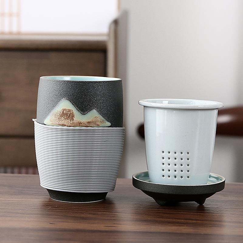 Ceramic mug simple with lid filtered water cup office brewing cup portable travel tea cup
