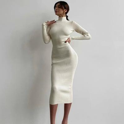 Autumn Winter Women Turtleneck Knitted Dresses Elegant Solid Bodycon Long Sleeve Sweater Dress Lady Sexy Dresses