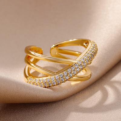 Zirkon Doppelt gekreuzte Form Ringe für Frauen Vergoldeter Edelstahl Kreuzring Luxus Eheringe Paarringe Ästhetischer Schmuck