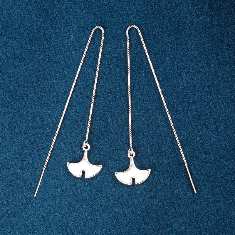 S925 Sterling Silver Ginkgo Leaf Long Wire Earrings - Japanese Korean Style 925 Silver